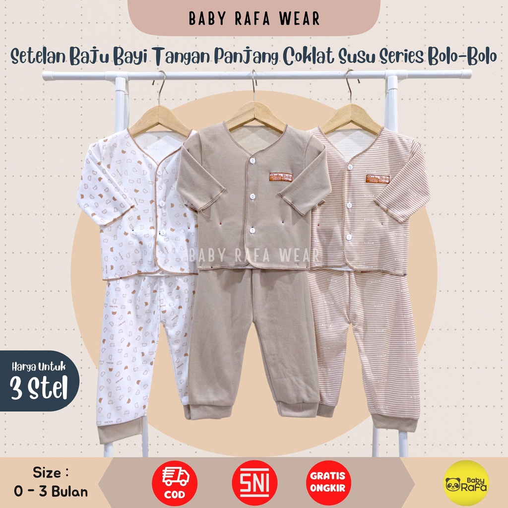 Serian Coklat Susu - 3 Stel Setelan Baju Bayi Tangan Panjang Celana Panjang Bayi Baru Lahir COKLAT SUSU SERIES merk SNI Bolo - Bolo