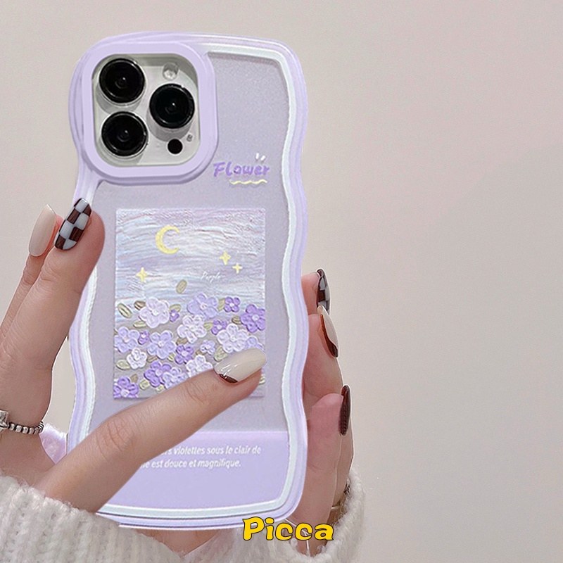 Case Untuk Samsung A14 A04 A12 A04s A32 A53 A20s A04E A33 A23 A22 A03 A50 M32 A50s A31 A11 A21s A30s A13 A52 A52s A51 M12 A03s A02s M22 Lukisan Minyak Bunga Ungu Bergelombang Frame Cover