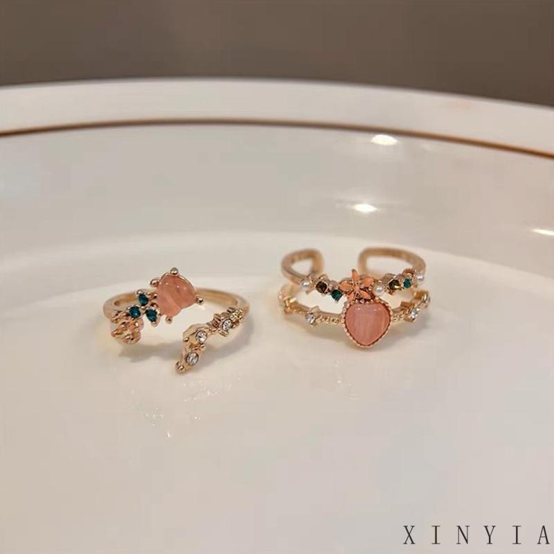 Cincin Model Terbuka Dapat Disesuaikan Desain Hati Opal Untuk Wanita