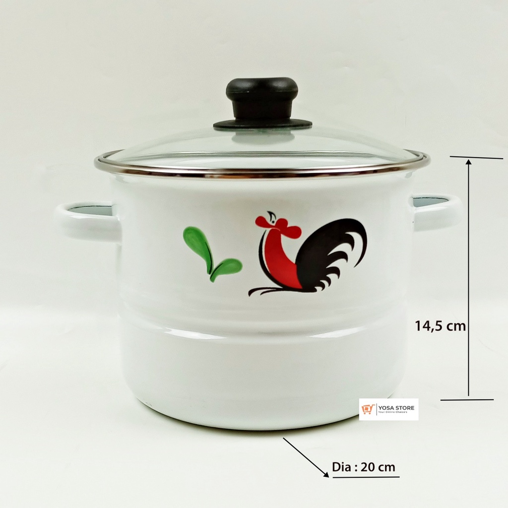 Panci Kukusan Dandang Enamel 20cm Nasi Motif Ayam Jago 1 Set