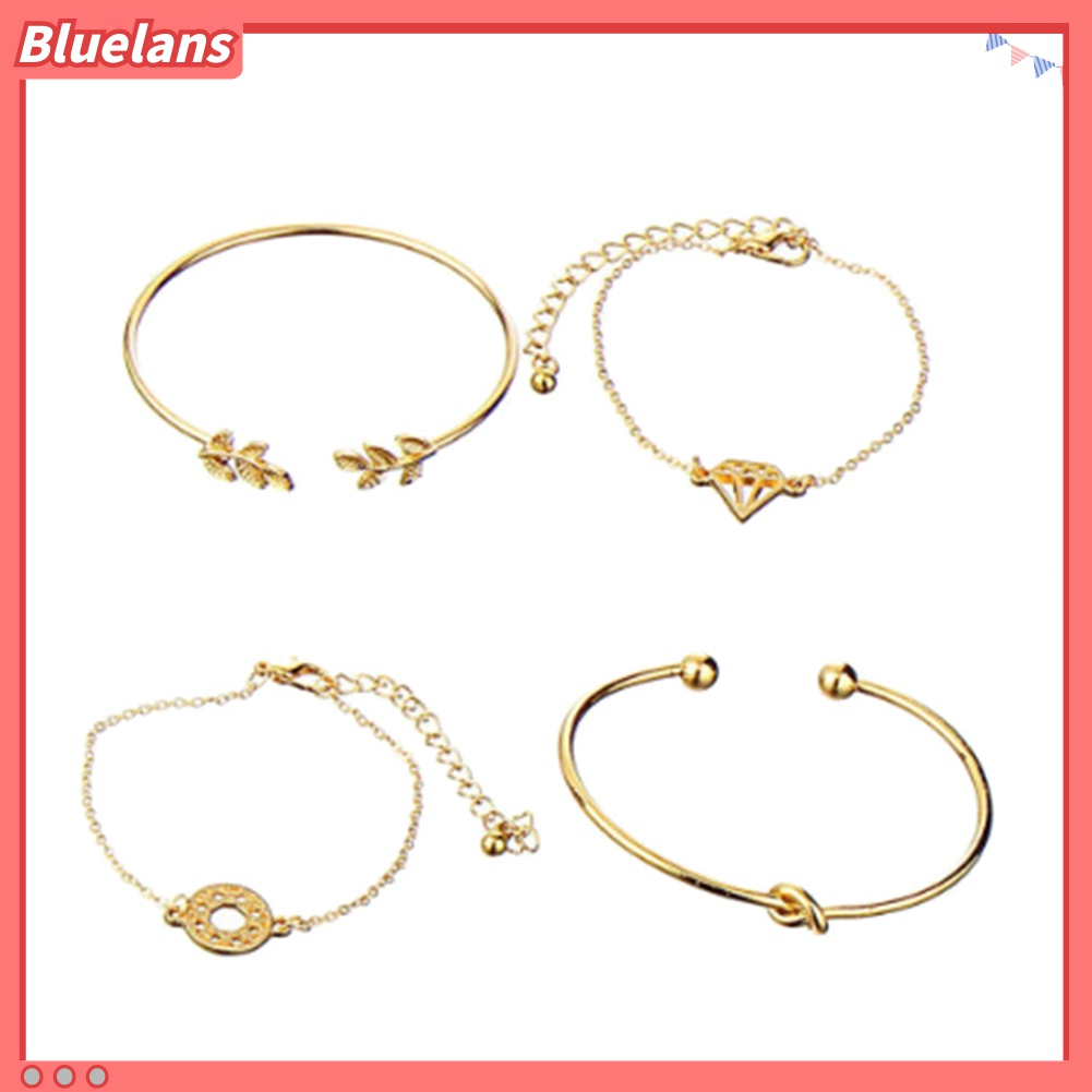4pcs / Set Gelang Bangle Model Terbuka Bentuk Daun Simpul Berlian Gaya Retro Untuk Wanita
