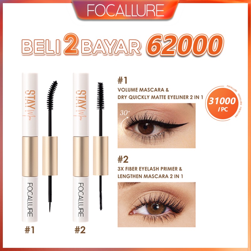 FOCALLURE Volumizing Mascara &amp; Waterproof eyeliner fiber eyelash primer 2 IN 1 mudah dibawa