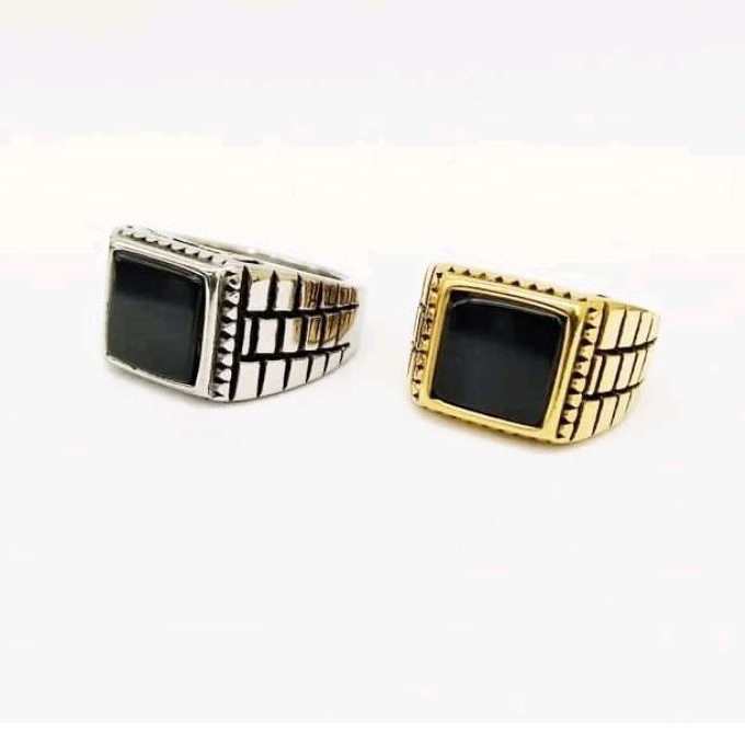 Cincin Titanium Pria Onyx Ring Motif Anti Karat selamanya