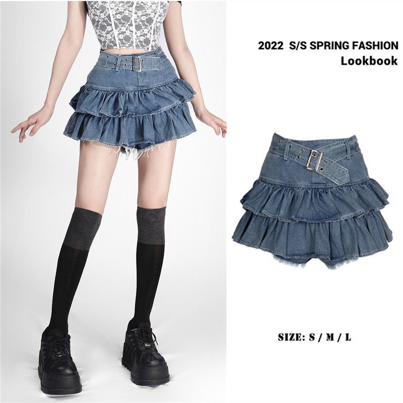 #Sisjuly# Lapisan ganda wanita ruffle palsu dua potong rok jeans pinggang tinggi anti-ringan bagian