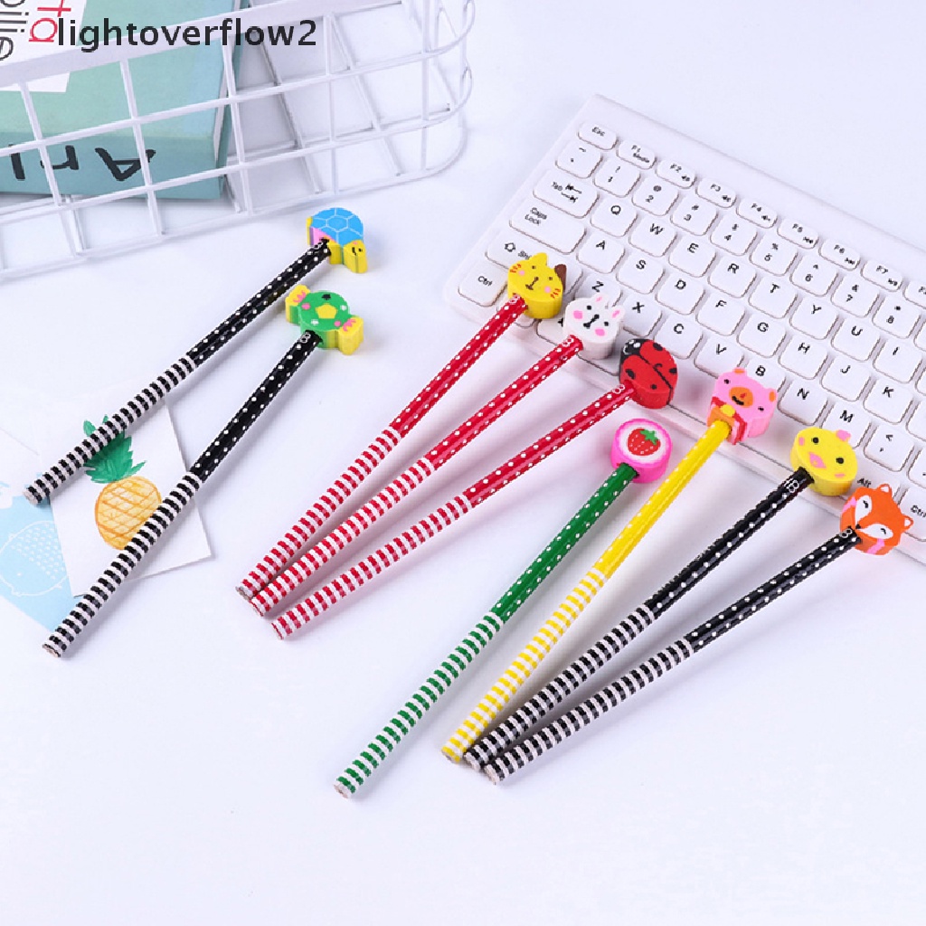 (lightoverflow2) 10pcs / lot Pensil 2 in 1 Motif Kartun Hewan Lucu Dengan Penghapus Untuk Anak