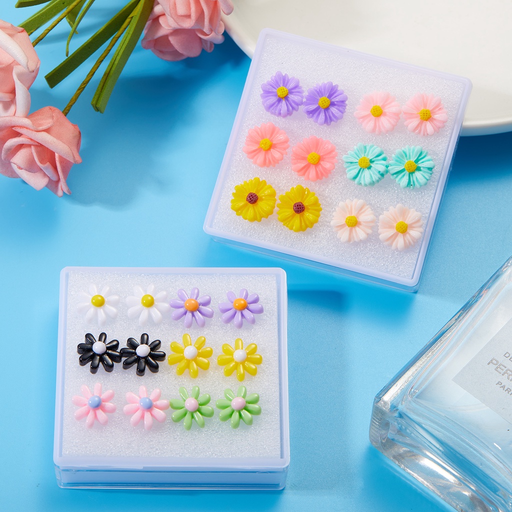 6 Pasang Anting Tusuk Desain Bunga Matahari daisy Kombinasi anti Radang