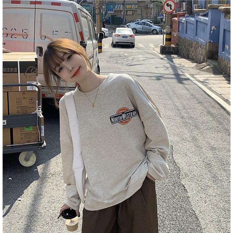 [littlecrab] Sweater Oversize North Western Chicago System Biru Dongker Abu Sweatshirt Sablon Depan Belakang Berkualitas Crewneck Couple Unisex Korean Style