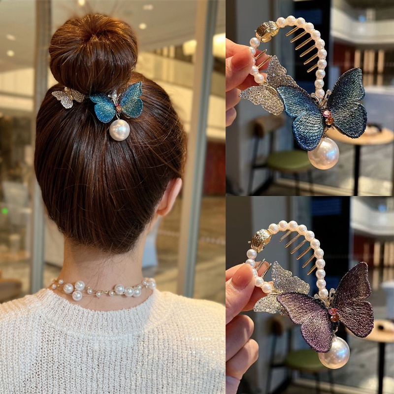 Jepit Rambut Bentuk Kupu-Kupu Aksen Mutiara Dan Berlian Imitasi Bahan Alloy Untuk Wanita