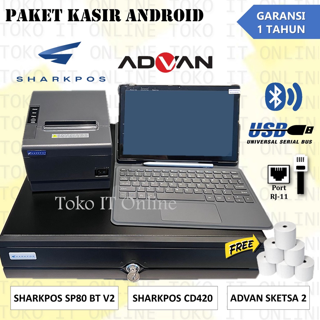 PAKET KASIR ANDROID TAB ADVAN SKETSA 2 4GB/64GB PRINTER BLUETOOTH 80MM LACI UANG KASIR