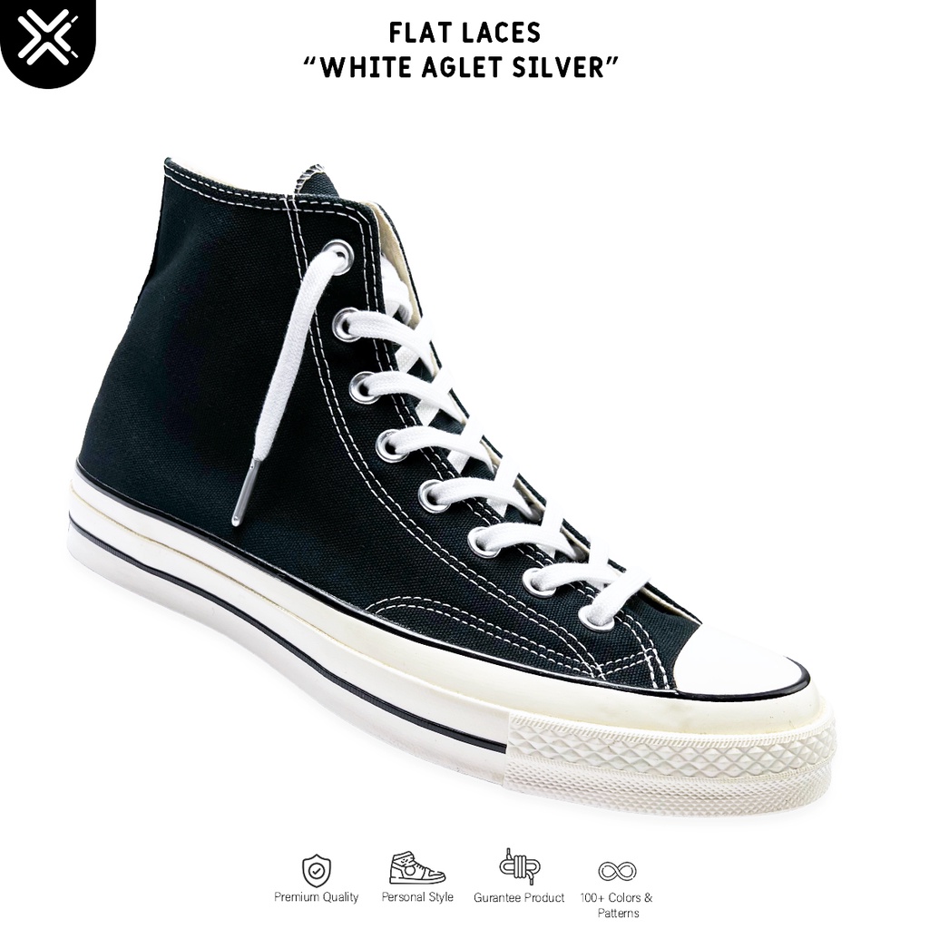 TALI SEPATU GEPENG PUTIH PREMIUM AGLET SILVER (FLAT LACES)