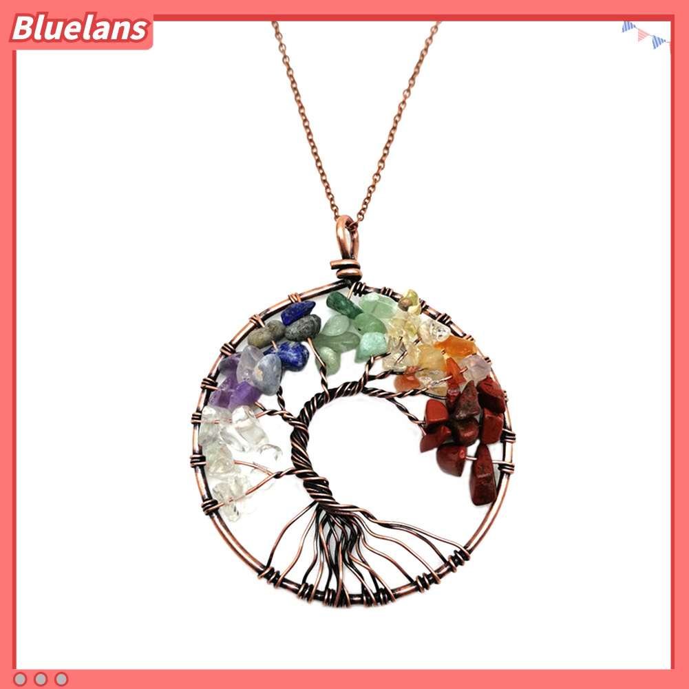 Kalung Liontin Batu Tumbled Warna-Warni Bentuk Bulat Motif Pohon Kehidupan Gaya Vintage Untuk Wanita