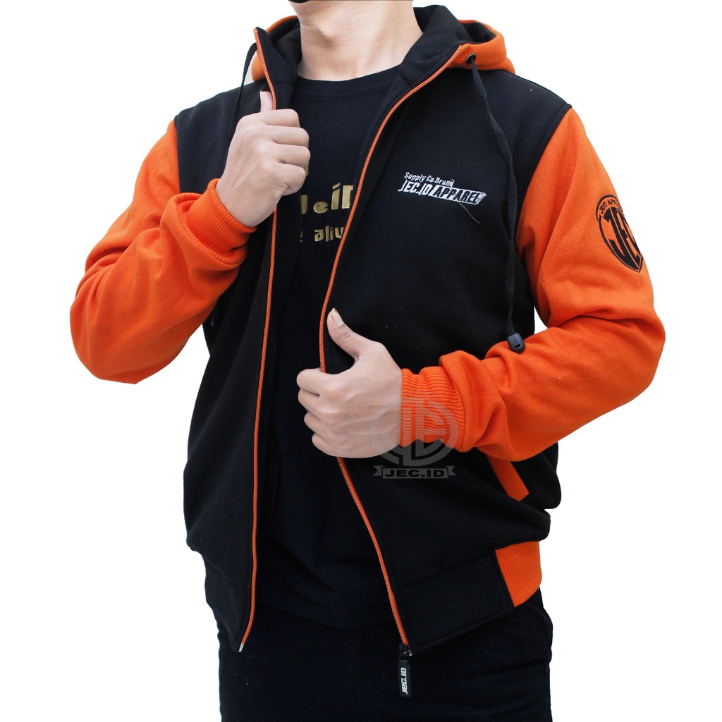 Jaket Sweater Hoodie Zipper Jec Apparel Premium Orange Hitam