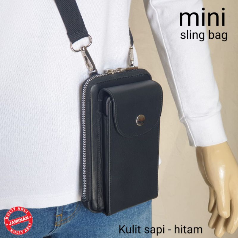 Sling bag mini unisex kulit asli hitam 06