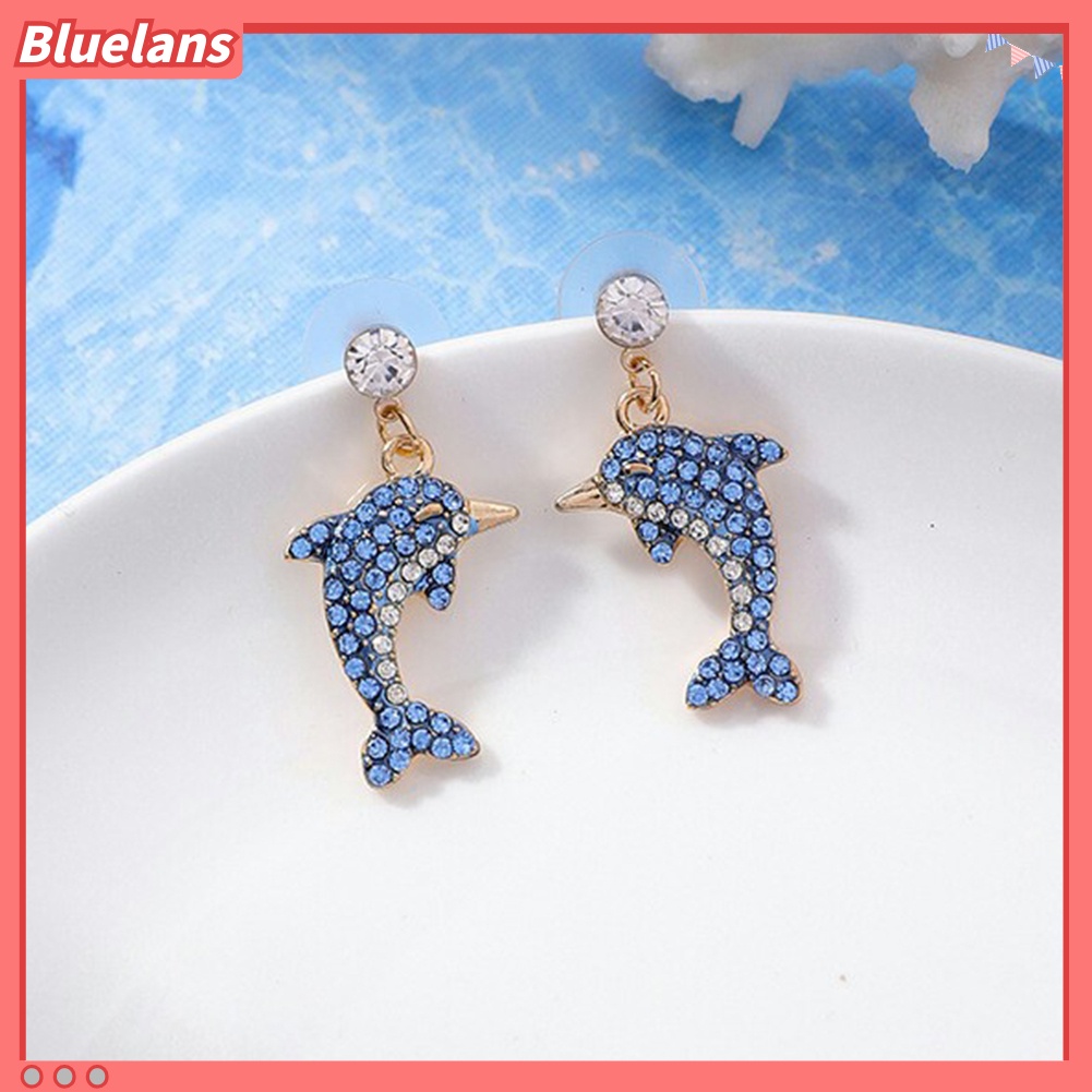 Bluelans Cute Dolphin Shape Shiny Full Rhinestone Inlaid Women Stud Earrings Jewelry Gift