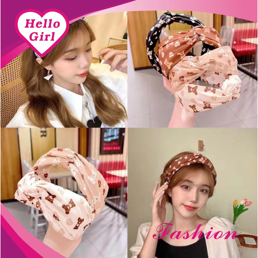 (Hello Girl)B17 Bando Simpul Twist Simpul Pita Motif Lucu Bahan Kain Import Headband Wanita Korea Import