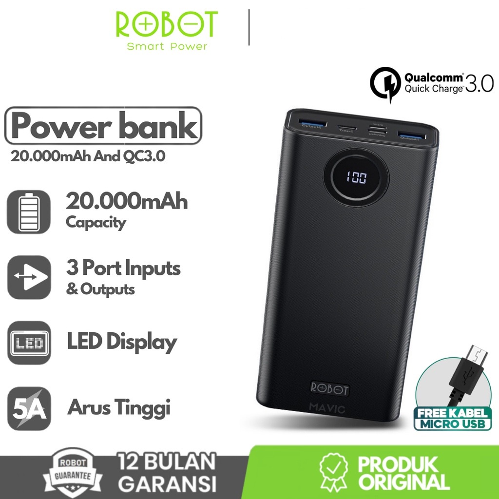 PowerBank ROBOT 20000mah RT23 Quick Charging Powerbank 3 Port Original