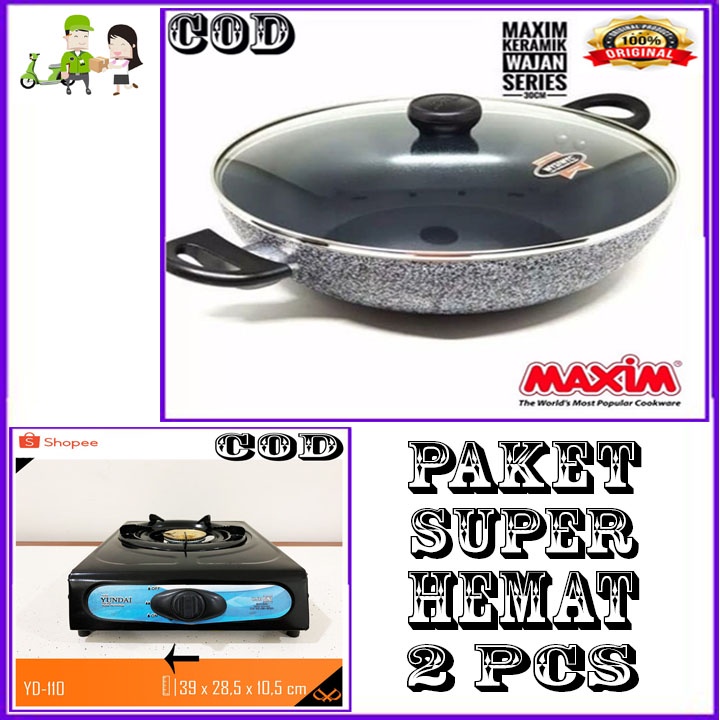 MAXIM CERAMIC WOK 30 CM TUTUP KACA ORI + KOMPOR YD 1 TUNGKU BERGARANSI RESMI