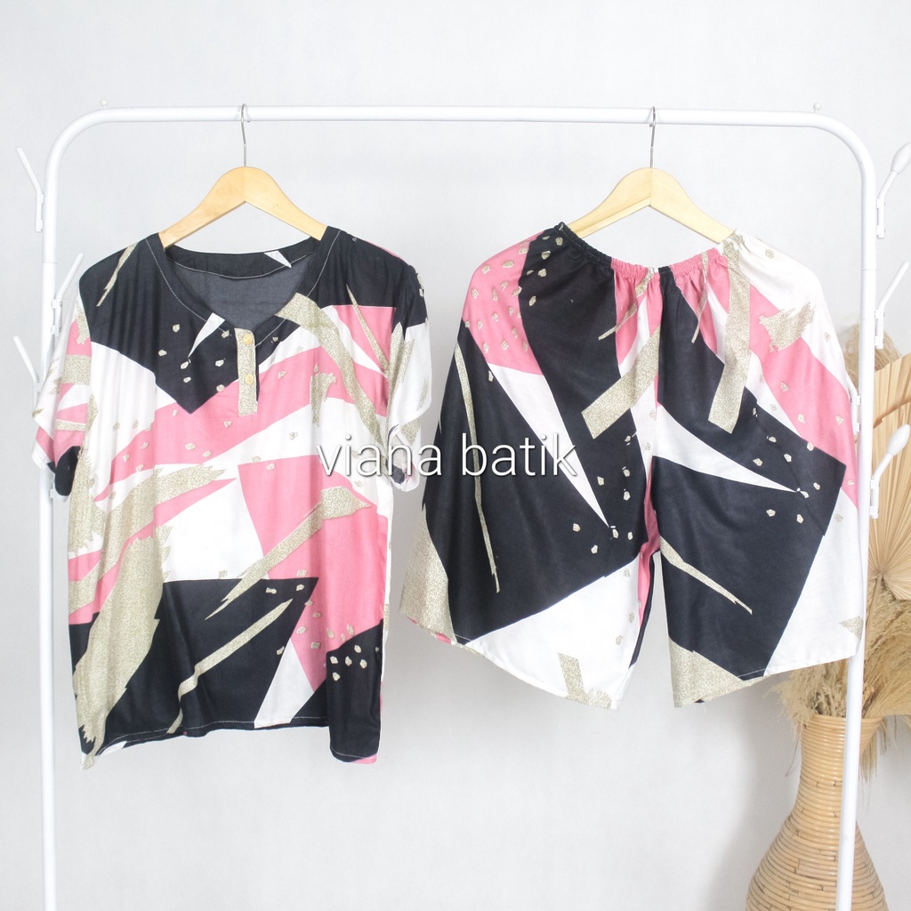 Setelan Baju Tidur Wanita Dewasa One set Piyama Pendek Motif Canva Bahan Rayon
