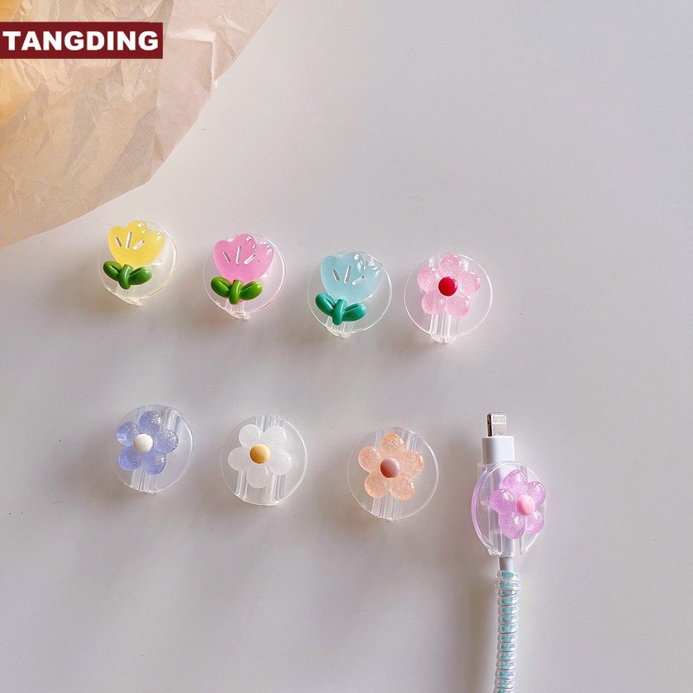 【COD Tangding】Set Kabel Data / Charger Transparan Motif Kartun Tulip Untuk Apple Huawei OPPO Vivo