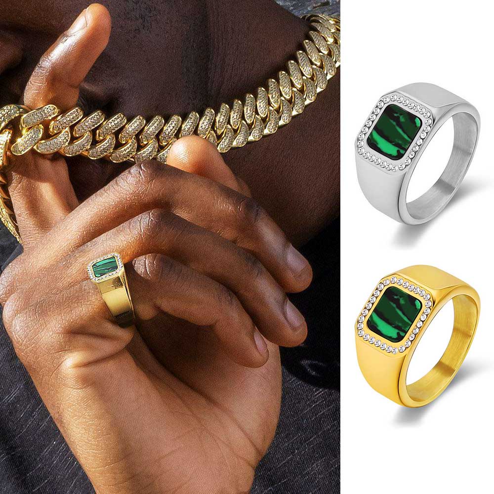 Cincin Berlian emerald persegi Emas Perak Titanium Steel Men Punk Perhiasan Fashion Pernikahan Engagement Rings