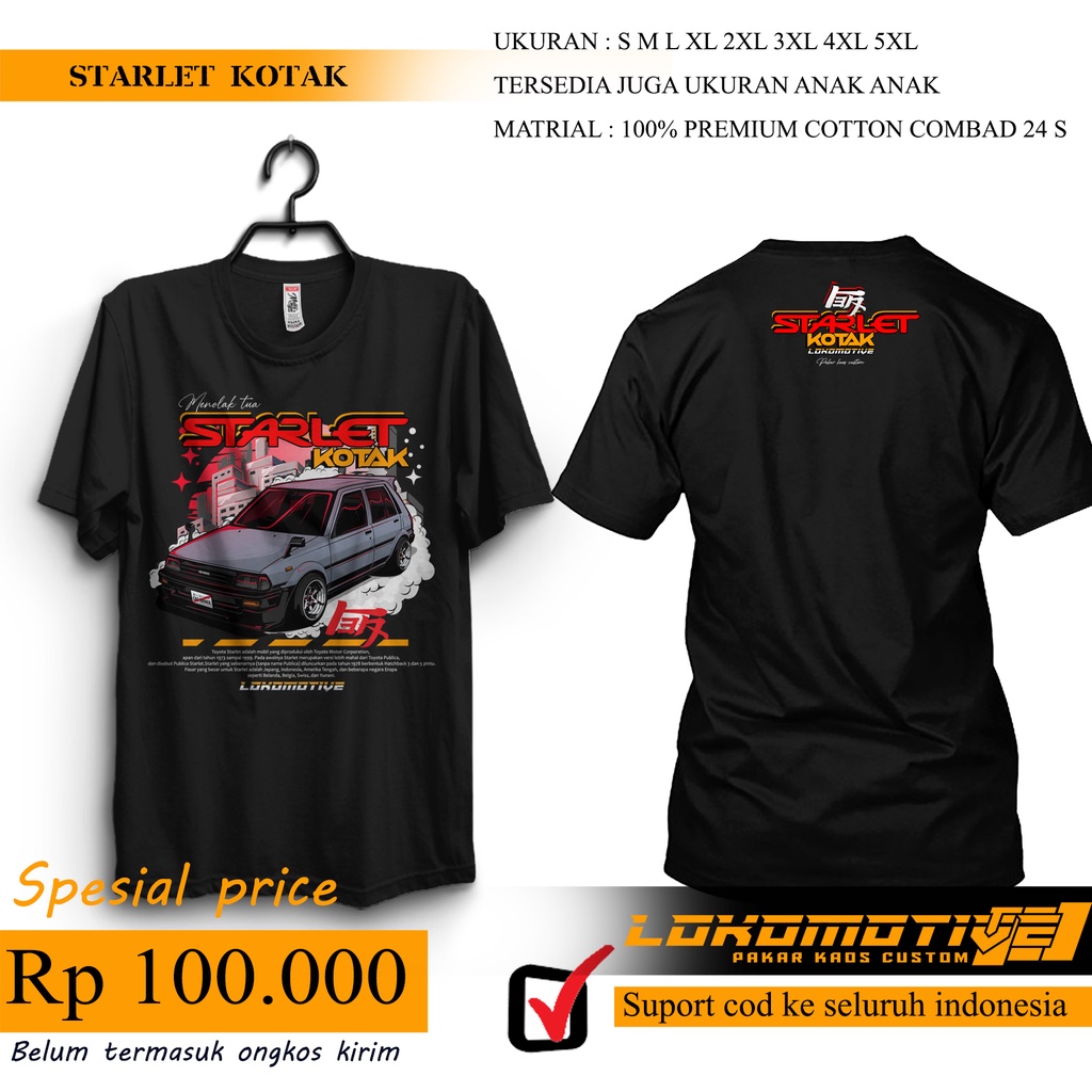 kaos premium toyota starlet kotak new design bahan COTTON COMBED 24S super adem tidak molor design k