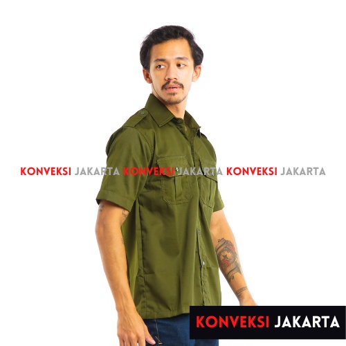 Baju Kemeja PDL Lengan Pendek Pria - Seragam Pakaian Kerja Taktikal Tactical Dinas Lapangan Outdoor Gunung Bahan American Drill Warna Hijau Army - Konveksi Jakarta Official