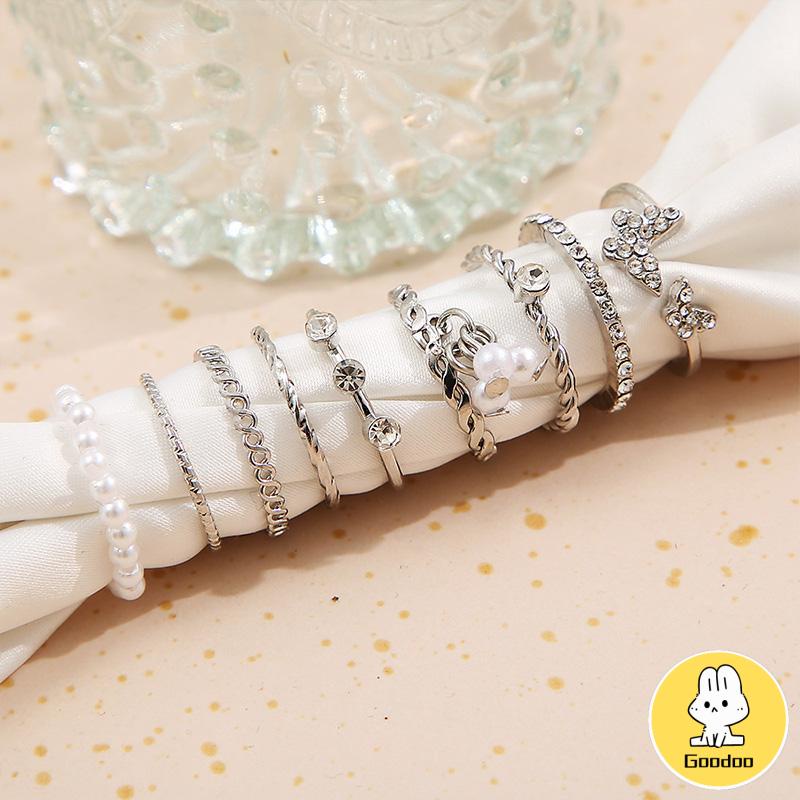 9 PCS Wanita Tipis Berongga Mutiara Kristal Kupu-kupu Berlian Premium Knuckle Ring Set -Doo