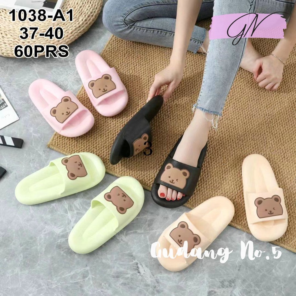 GN-1038-A1 Sandal Slop Jelly Wanita Motif Teddy Bear Korean Style Import PCU