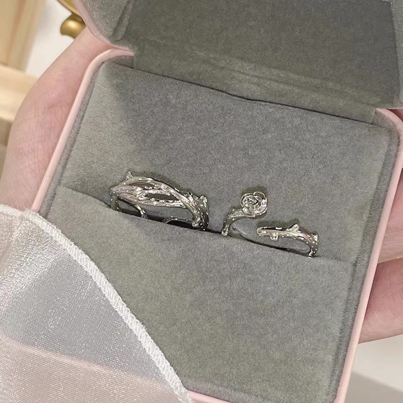 Papaozhu Chic Perak Mekar Cabang Duri Rose Rings Untuk Wanita Pria Romantis Bunga Berduri Mawar Pasangan Cincin Set Untuk Pecinta Pernikahan Pertunangan Jari Manset Perhiasan Hadiah