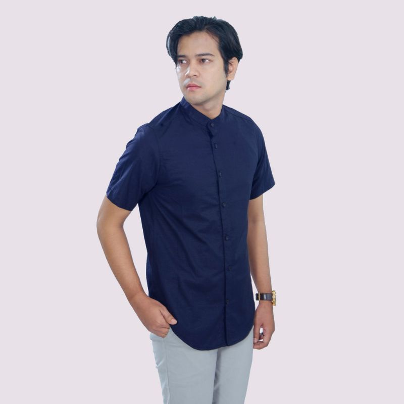 Kemeja Pria Lengan Pendek Kerah Shanghai Slim fit Warna Polos