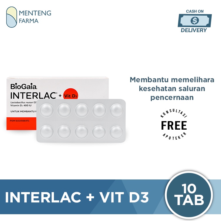 Interlac + Vit D3 10 Tablet Kunyah - Suplemen Kesehatan Saluran Cerna Plus Vitamin D3