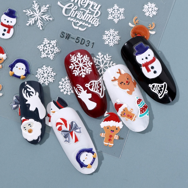 1 Lembar Stiker Kuku 5D Motif Snowflake Santa Claus Warna-Warni Tahan Air Untuk Dekorasi Nail Art