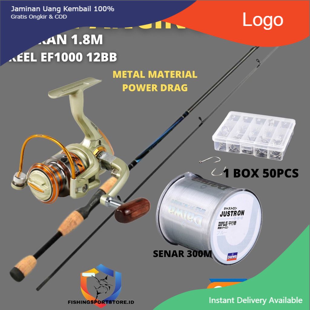 Paket Mancing Kolam Galatama Pancing Joran 1.8m Spinning Rod Eva Handle Reel Pancing EF1000 12 Ball 