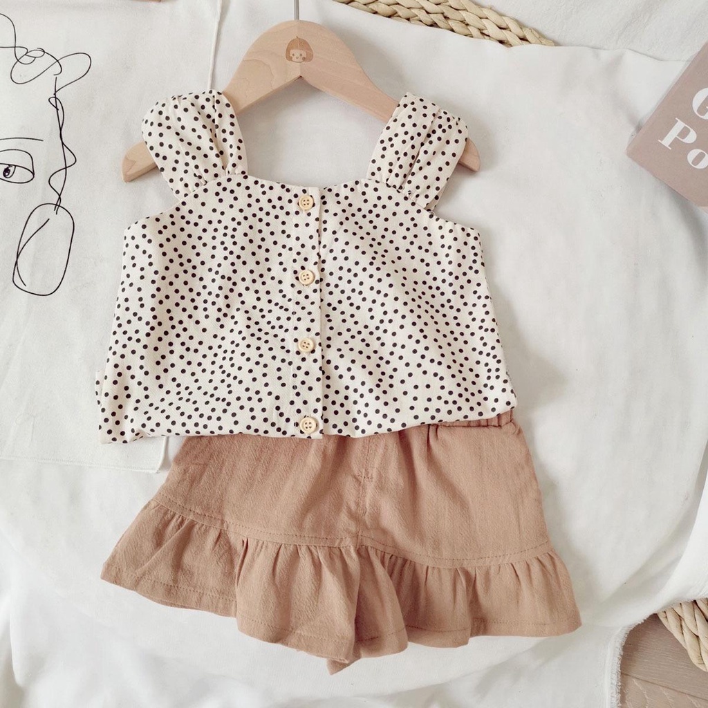 Setelan Anak perempuan Korea Style Impor Tanpa Lengan Motif Polkadot Hitam