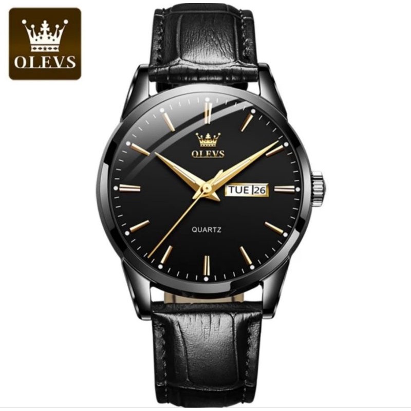 OLEVS Jam Tangan Pria Original Anti Air Kulit Analog Man Witch Hitam