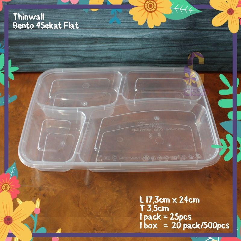 KOTAK MAKAN PLASTIK THINWALL 4 SEKAT FLAT BENTO BOX VICTORY SATUAN FOODGRADE CATERING NASI MAKANAN B