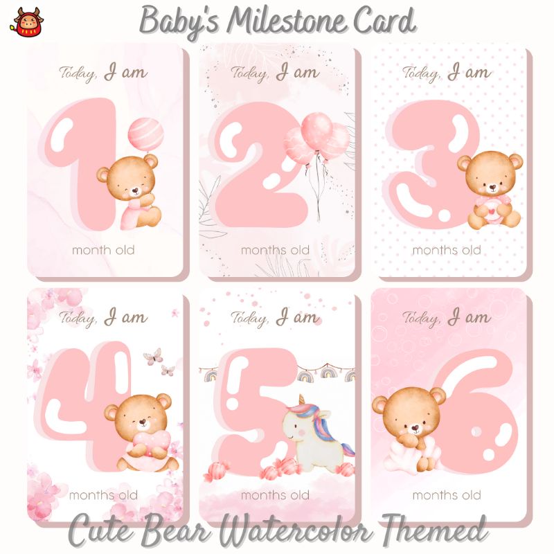 Baby Milestone Card Cute baby girl &amp; boy / Cute Bear watercolor themed Kartu selfie bayi kartu foto bayi milestone