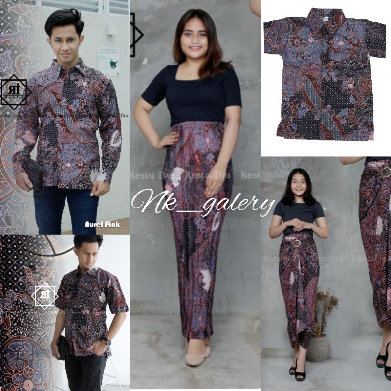 Batik Couple Keluarga Couple Rok Plisket Lilit Kemeja Lengan Panjang Batik Anak Motif Aurel Lilac