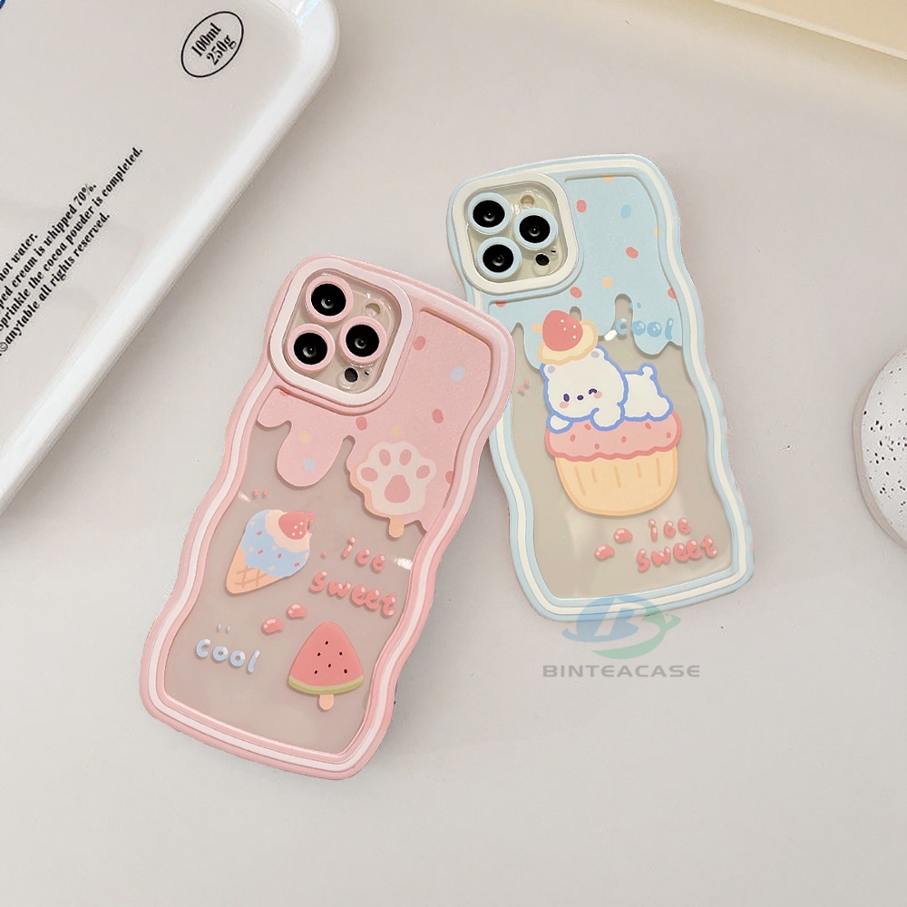 Oppo A17 A77S A57 2022 A15 A16 A16K A54 A53 A12 A5S A7 A3S A11k A31 A52 A92 A94 A93 A37 F9 A1K A76 Beruang Lucu Buah Es Krim Tepi Melengkung Casing Handphone TPU Binteacase