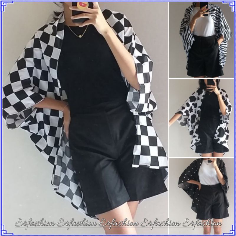 Erfashion - Outer Scarf Kotak Catur Hitam Putih | Cardi Scarf Checker | Kardigan Outer Wanita