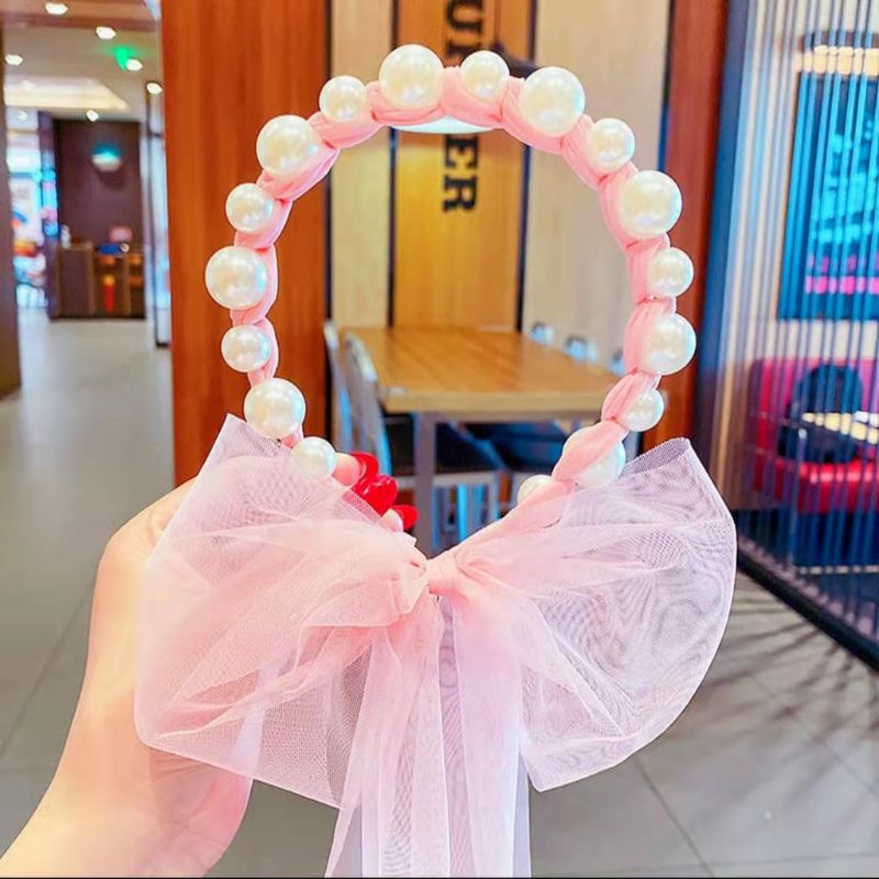 Bandana Mutiara Pita Tulle Panjang Bisa diikat Gaya Korea Bando