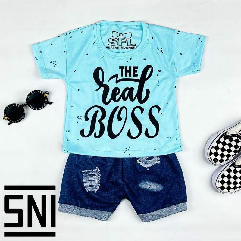 Setelan Bayi Laki-laki Set Anak  Gambar The Real Boss Baju Celana Oblong