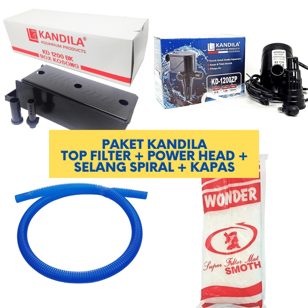 PAKET KANDILA / AMARA KOTAK TOP BOX FILTER ATAS + MESIN POMPA POWER HEAD 1200 / 1600 + SELANG SPIRAL + BUSA KAPAS AQUARIUM IKAN AQUASCAPE