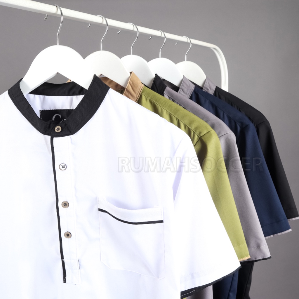 Baju Koko Pria AKHTAR Lengan Pendek Atasan Muslim Pria Dewasa Polos Bahan Katun Adem Tersedia Ukuran S M L XL XXL