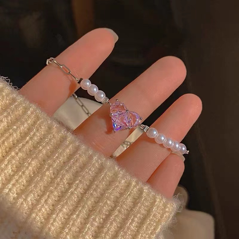 Gelang Mutiara Zircon Bentuk Hati Warna Pink Gaya Korea Untuk Wanita