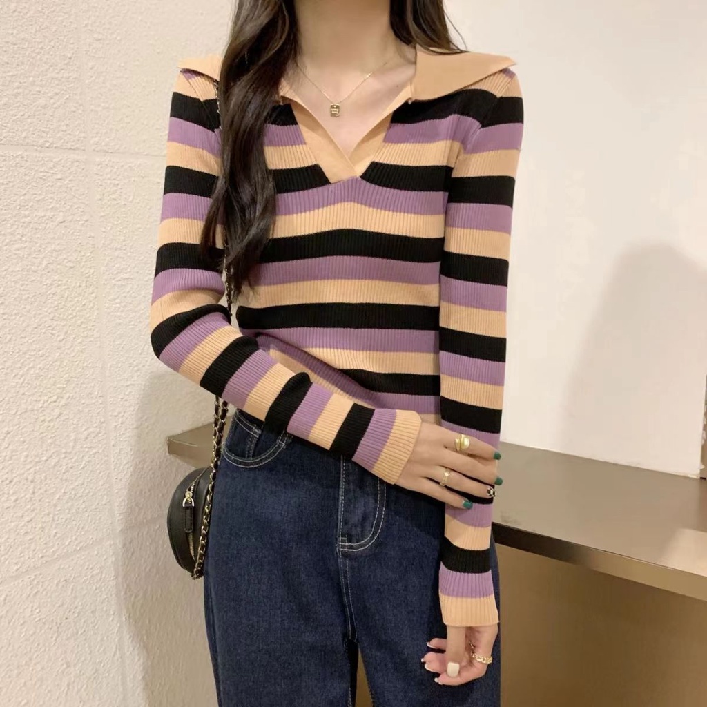 Rajut Stripe Shirt Wanita Baju Garis Garis Wanita Lengan Panjang