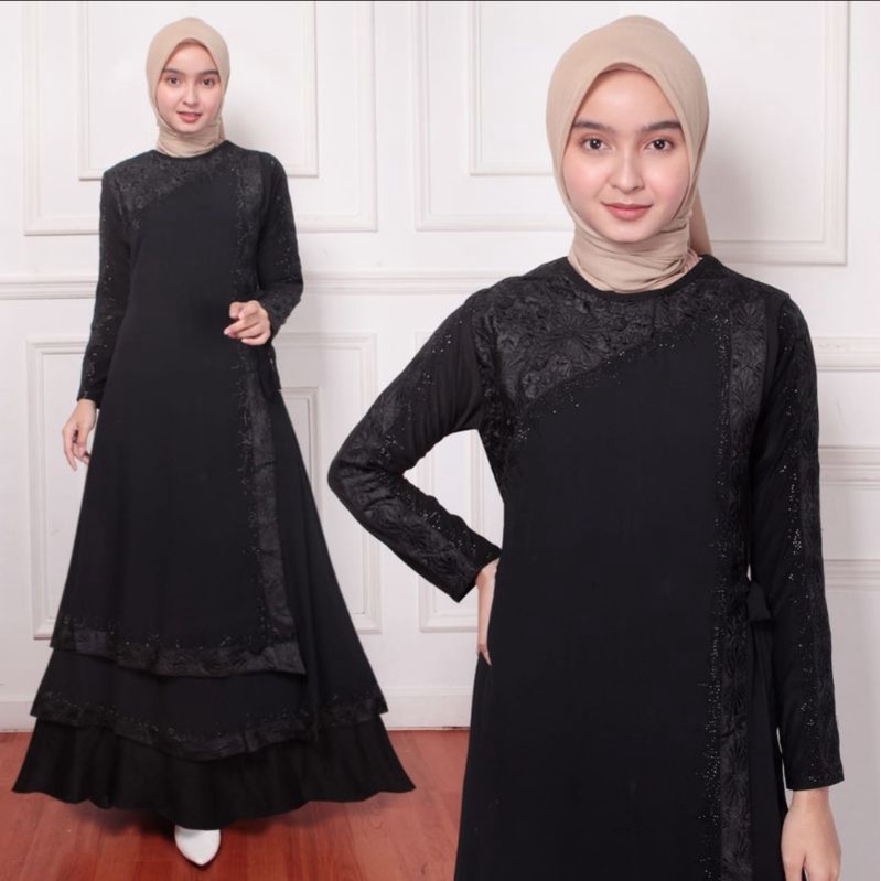 GAMIS ABAYA TURKEY 2LAYER TALI SAMPING BORDIR GOLD