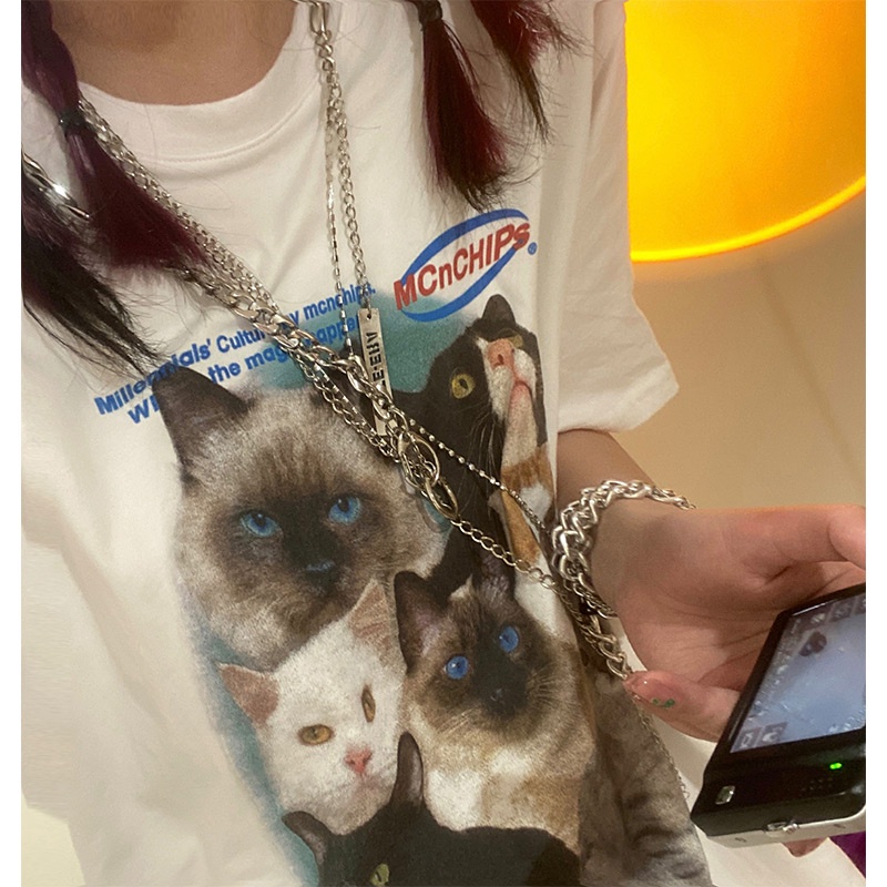 EUNII T-shirt Lengan Pendek Cartoon Cat Korean Style/Kaos Atasan Wanita/Baju Kaus Oversize Wanita