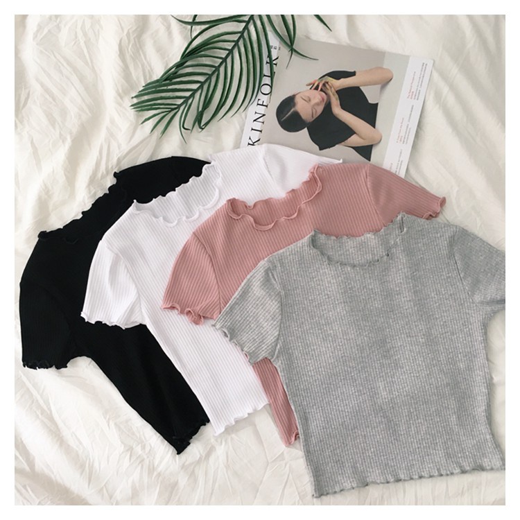 Kaos Rajut Kriwil Tangan Pendek Crop Top Knit Tshirt Curly Jisoo Korean Style