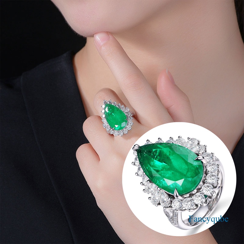 Fancyqube Cincin Kristal Bentuk Pir Warna Hijau Terang Gaya Vintage Untuk Wanita